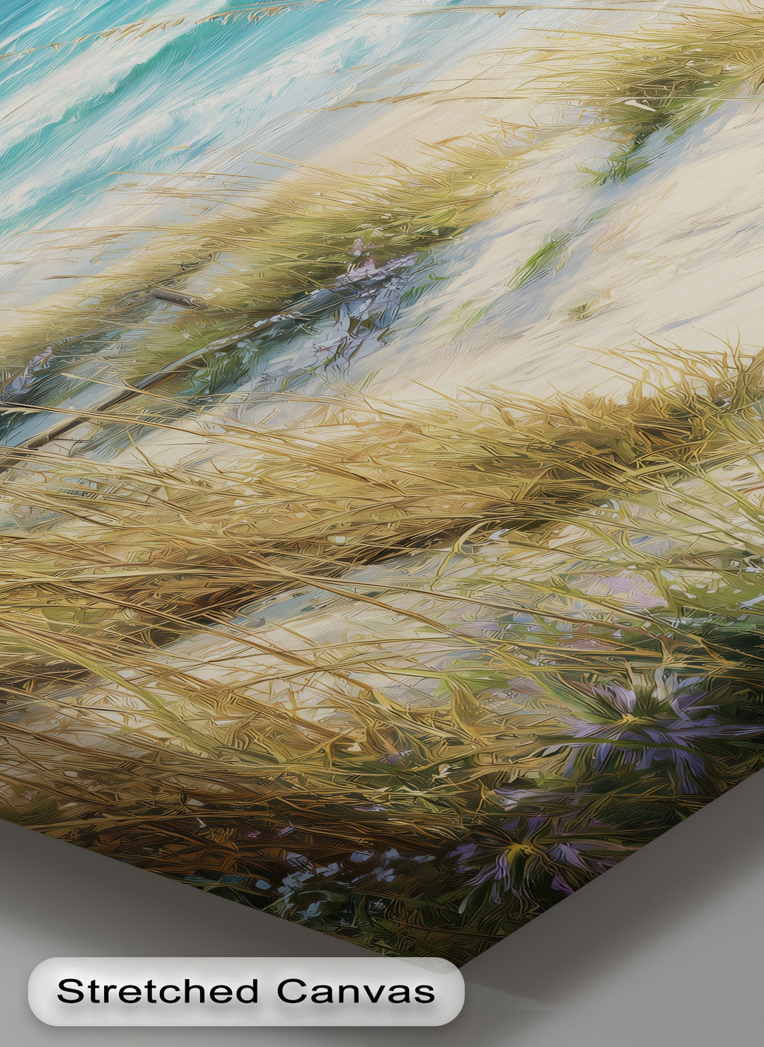 Sandy beige dominates this coastal canvas print, one of the big canvas prints featuring beach dune grasses near the bright ocean.