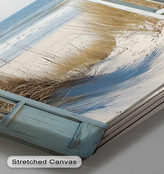 Layered depth creates a unique canvas print featuring an ocean breeze beach scene viewed through an open window for a calming effect.