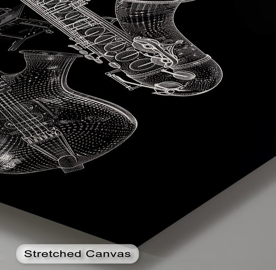 Showcasing depth and layers, the futuristic instrument ensemble creates a captivating three-dimensional effect in these monochromatic canvas art prints.