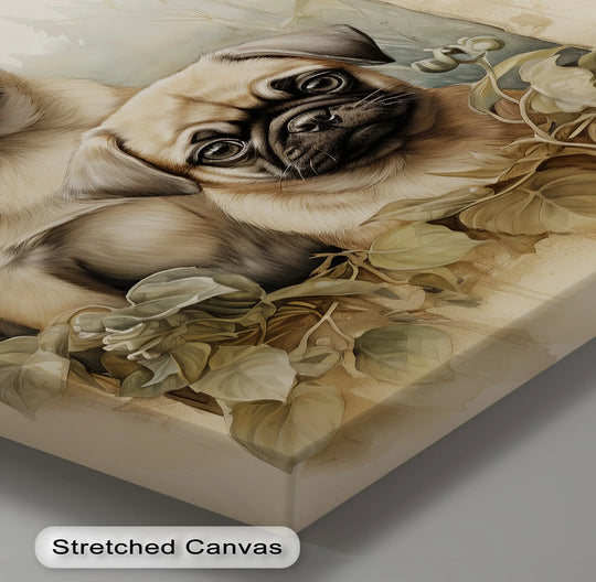 Twin Pug Companions – Vintage Botanical Style Puppies Canvas Print - MyPhotoStation