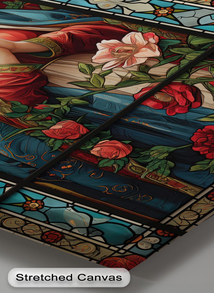 Deep layers of a stylized stained glass print feature the Virgin Mary, vibrant roses, and intricate blue patterns on a big canvas print.