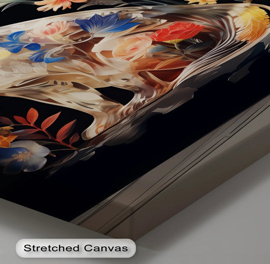 Flowing brushstrokes suggest the swirling framed canvas of the floral patterned cat canvas print, conveying a sense of graceful, energetic movement.