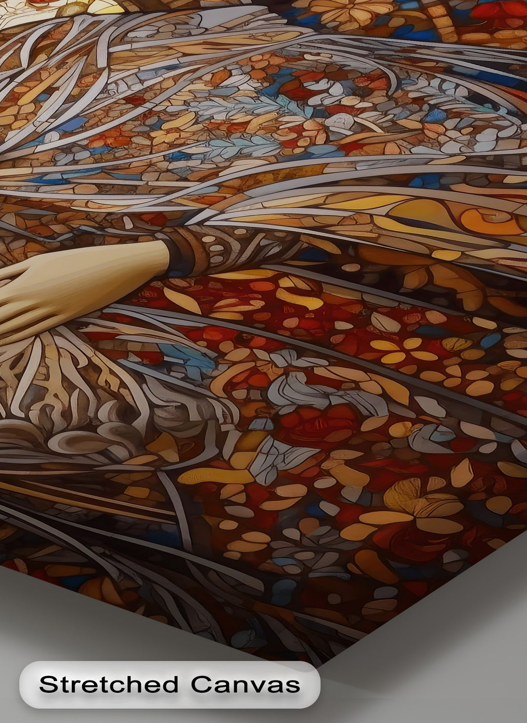 This vertical, rectangular canvas artwork showcases a detailed, stained glass style depiction of a hand amid vibrant, flowing patterns.