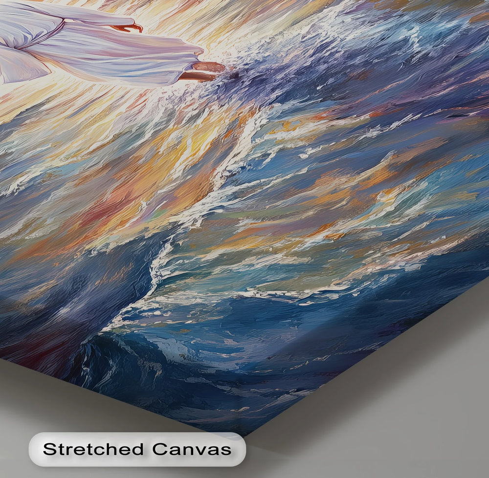 A spiritual scene of divine calm, this canvas print captures Christ’s presence at the edge of heaven and sea.


