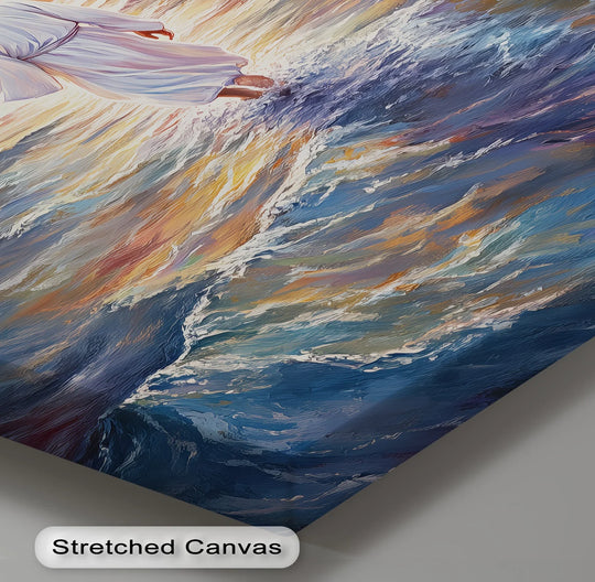 Softly diffused light bathes the figure in this 'Divine Steps' canvas artwork, creating an ethereal effect in this Jesus walking on water canvas print.