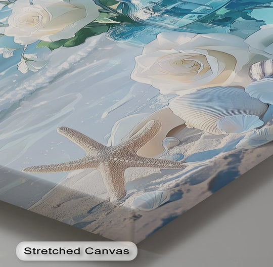The stillness of dawn settles over the coastal elegance canvas print, where big canvas prints depict white roses and seashells kissed by a serene ocean breeze.
