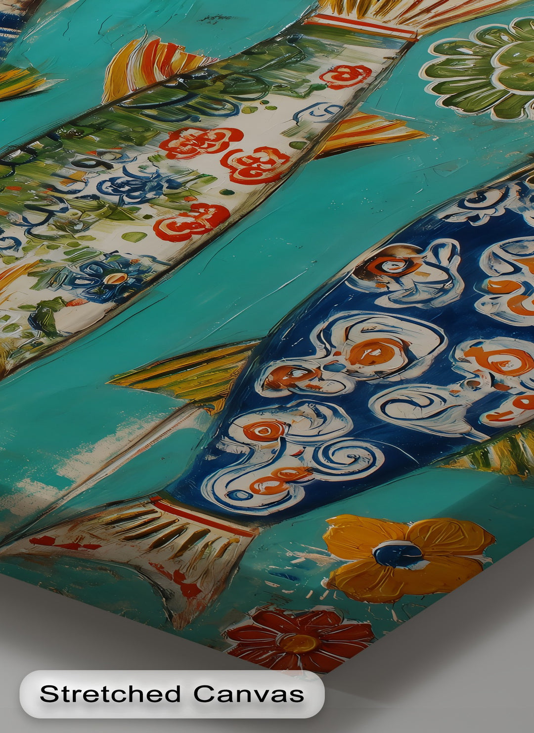 Angled perspective reveals the geometric layout of the colorful folk fish art, showcasing high quality canvas prints with decorative floral patterns.