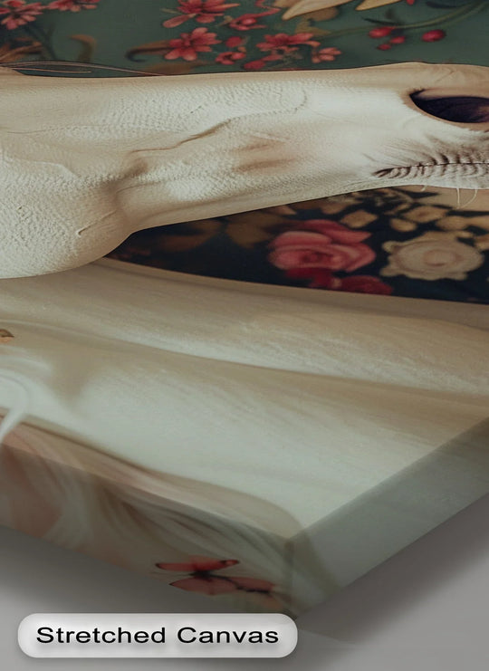 The dark opening of the unicorn's eye contrasts against the pale hide in this canvas painting of a romantic fantasy portrait with roses and butterflies.