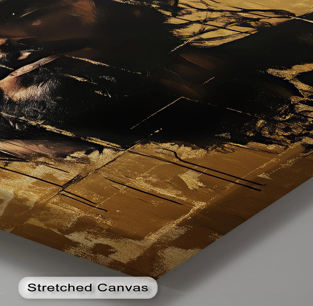 This haunting canvas print captures the face of Jesus in raw, emotional intensity on a textured gold backdrop.

