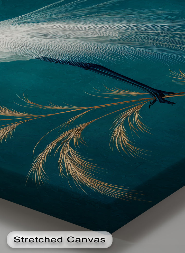 Highlighting the abstract quality, this minimalist bird wall art features the elegant white heron canvas art amidst teal and gold strokes, creating a serene impression.