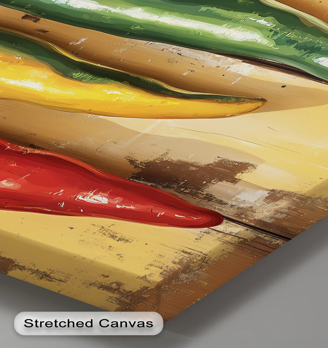 Spicy Trio – Rustic Red, Yellow & Green Peppers Kitchen Canvas Print - MyPhotoStation