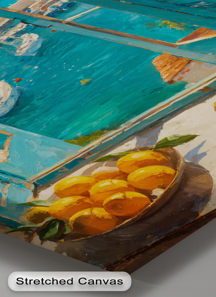The focal point shows a wooden bowl of ripe lemons displayed on a windowsill in this Mediterranean harbor window big canvas prints wall art.