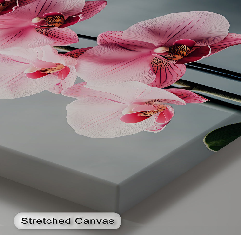 Graceful Orchid Bloom – pink flower canvas art with soft grey background.

