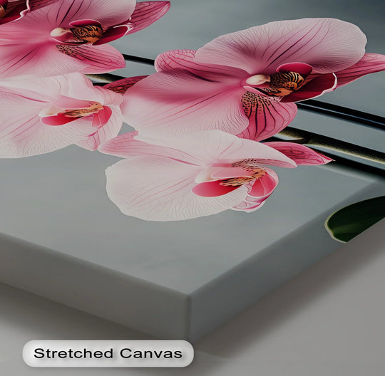 Graceful Orchid Bloom – pink flower canvas art with soft grey background.

