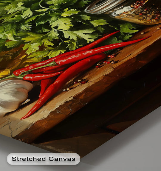 Warm tones dominate this spice and herb still life, with the best canvas prints showcasing vibrant reds, yellows, and browns in this rustic kitchen canvas print.