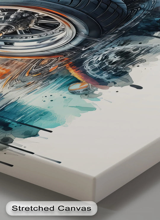 Visual rhythm flows through this 'Urban Power and Chrome Reflections' car canvas wall art, creating a dynamic display of color and form.