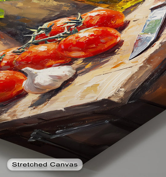The darkest area highlights the depth and texture of this unique canvas print depicting a Tuscan kitchen still life of tomatoes, basil, and garlic.