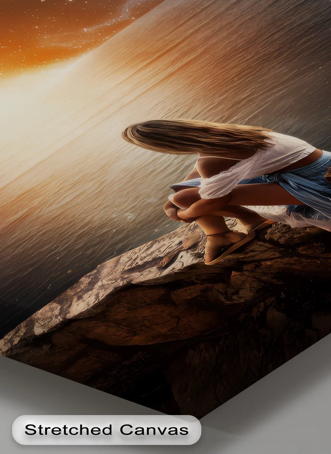Cosmic Reflection – Stargazing Woman by the Ocean Canvas Print