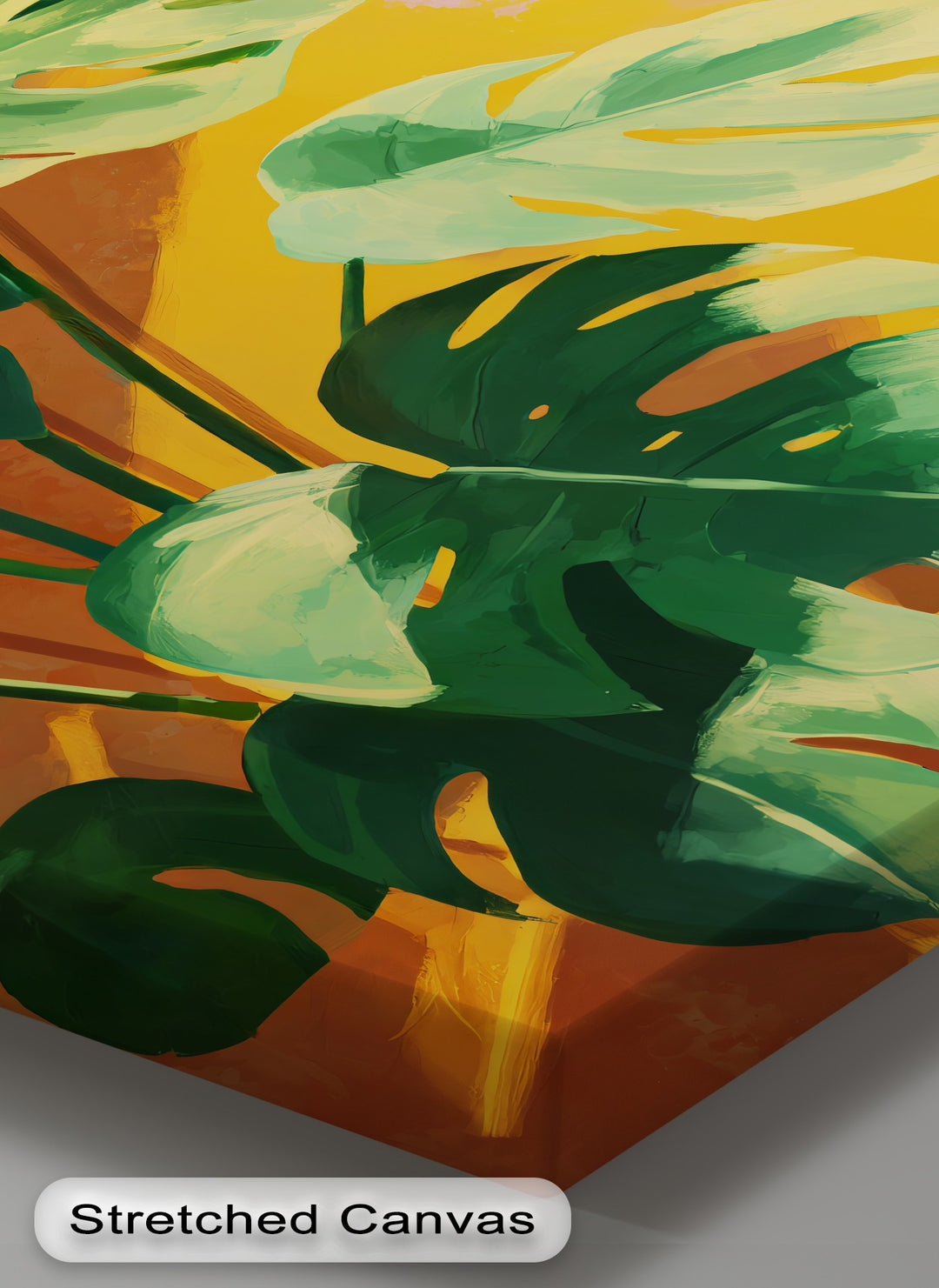 Swooping brushstrokes capture the motion of lush monstera leaves in this vibrant botanical hanging canvas print.