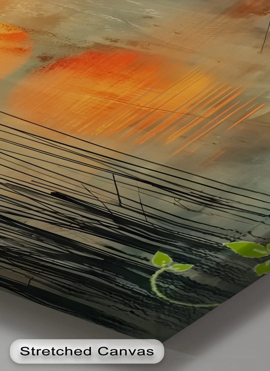 Angular black lines intersect with a soft orange geometric form in this striking canvas painting, complemented by small green leaf shapes.