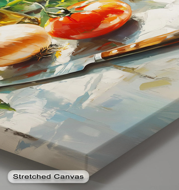 Rustic Kitchen Essentials – Tomato, Onion & Olive Oil Still Life Canvas Print - MyPhotoStation