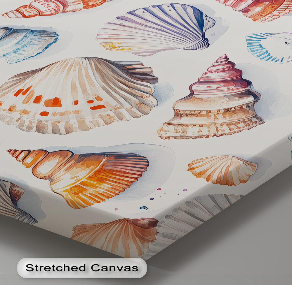 Bring a splash of coastal charm with this vibrant canvas print of sea shells.

