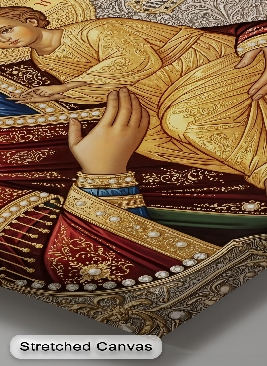 Intricate gold patterns on the deep maroon negative space highlight the Virgin Mary and Child in this best canvas prints Christian icon.