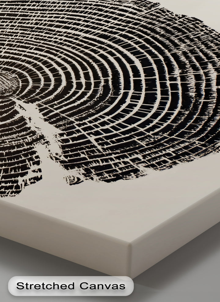 The darkest area of this minimalist tree ring canvas print showcases the textured detail of its wood grain canvas wall decor.