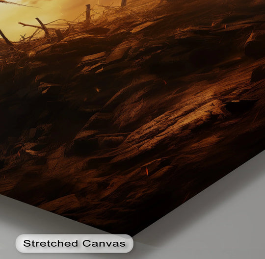 Foreground detail highlights the textured, weathered terrain in this Calvary’s Shadow unique canvas print featuring a cross on the hill.