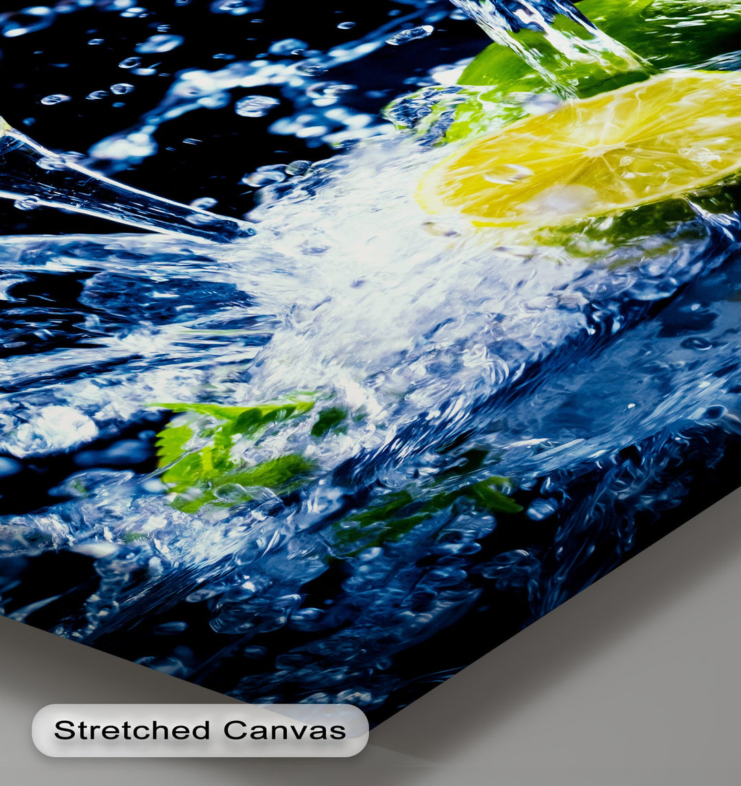 Vivid color contrast shines on this high quality canvas print, with a bright yellow lemon and green mint in dynamic blue water splashes.