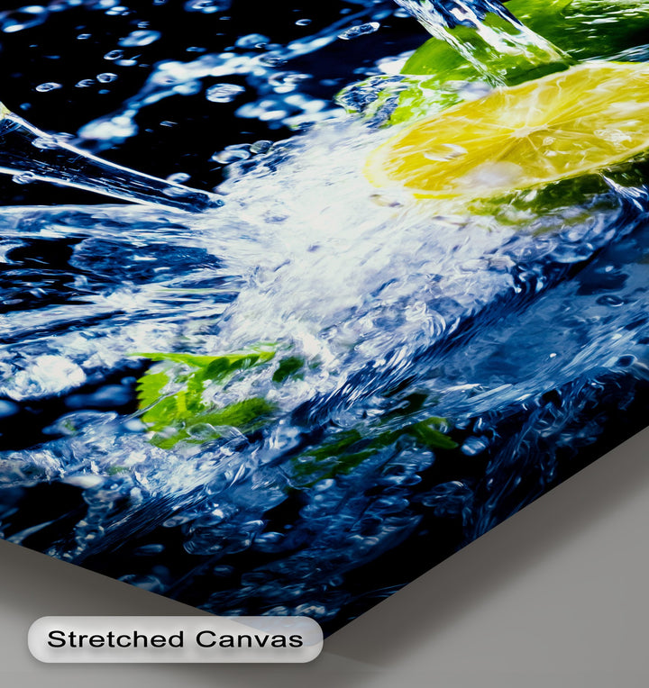 Vivid color contrast shines on this high quality canvas print, with a bright yellow lemon and green mint in dynamic blue water splashes.