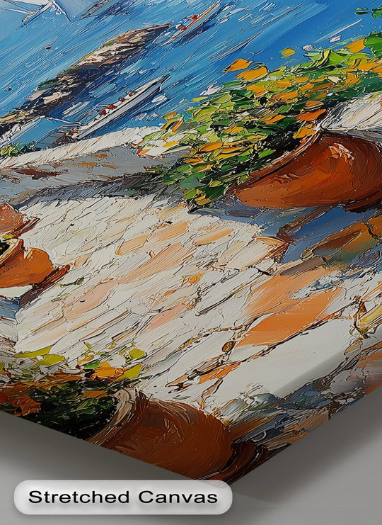 Gallery-worthy finish highlights the Mediterranean Stroll canvas print, one of the best canvas prints with a vivid seaside village scene and bright blue accents.