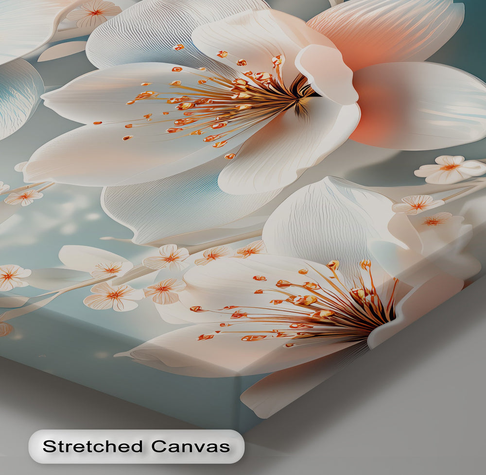 Whispers of Spring – peach and blue floral canvas print

