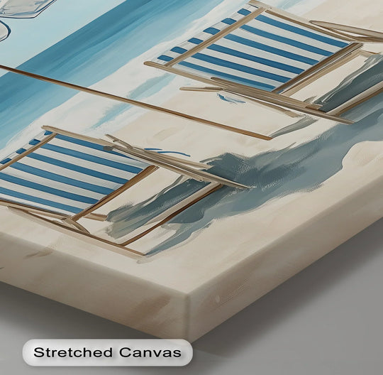 Painted beach scene with sun-drenched sand is the softest element in this beach front bliss canvas wall art print featuring blue striped chairs.