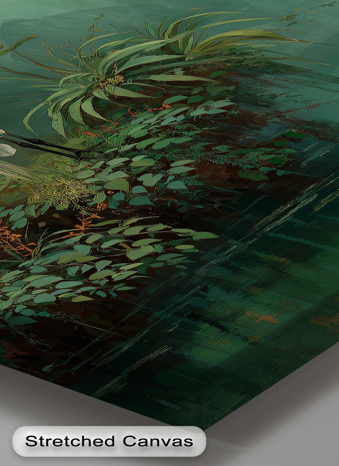 Detailed surface texture showcases the vibrant, layered foliage within this mystic jungle heron canvas print, revealing the intricate detail of the canvas pictures.