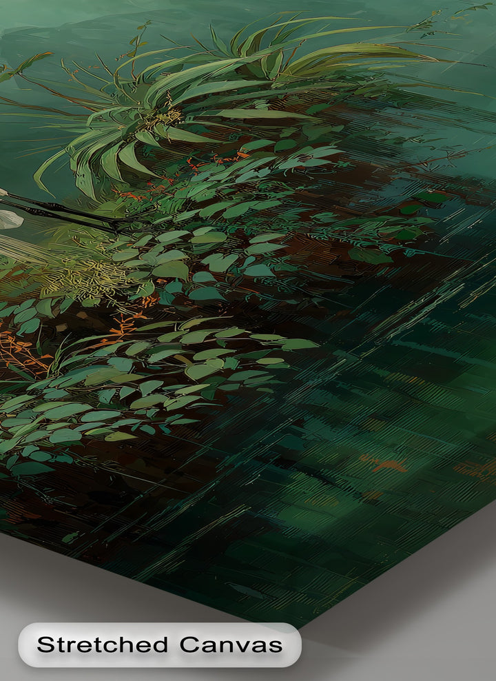 Detailed surface texture showcases the vibrant, layered foliage within this mystic jungle heron canvas print, revealing the intricate detail of the canvas pictures.