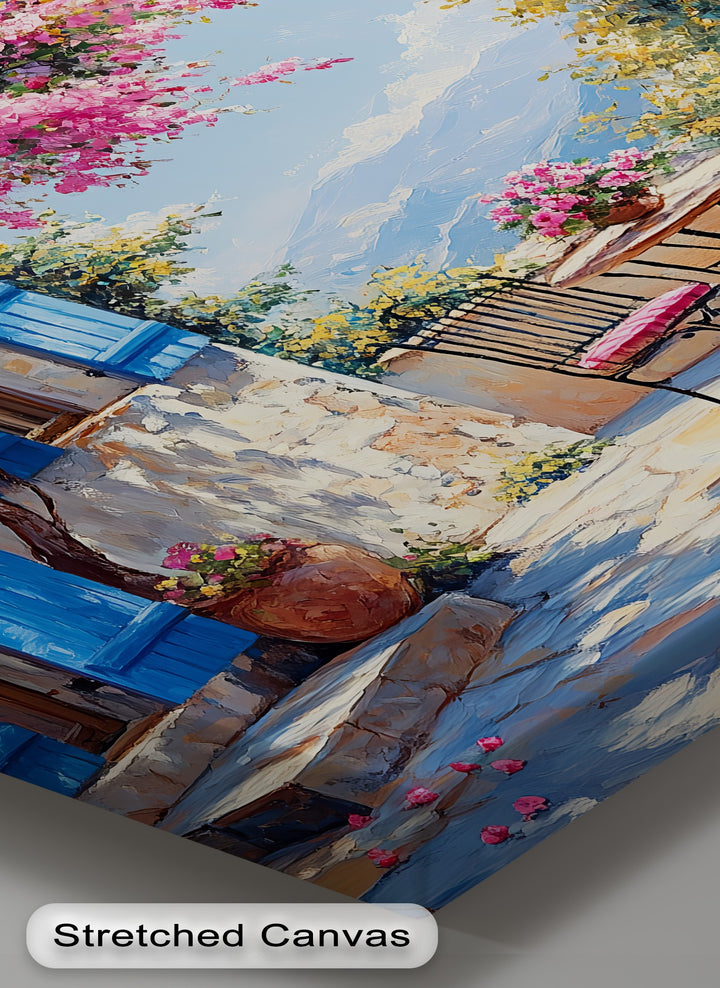 Bougainvillea Breeze – Pink Blossoms and Blue Shutters Canvas Print