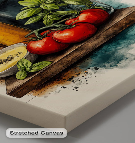 Foreground details showcase fresh basil and tomatoes atop a wooden board, emphasizing the high quality canvas prints of this artistic Mediterranean kitchen canvas print.