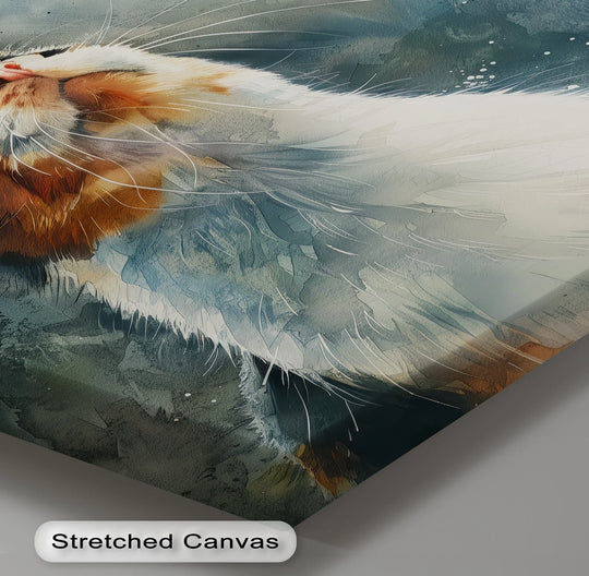 Watercolor depiction of a calico cat looking up brings a touch of artistic canvas art and feline charm to the space.