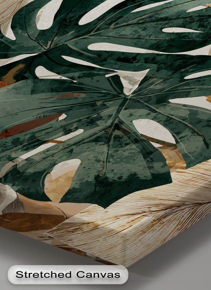 In the background, a stretched canvas reveals overlapping neutral botanical monstera leaves, offering captivating canvas pictures with a modern, tropical allure.
