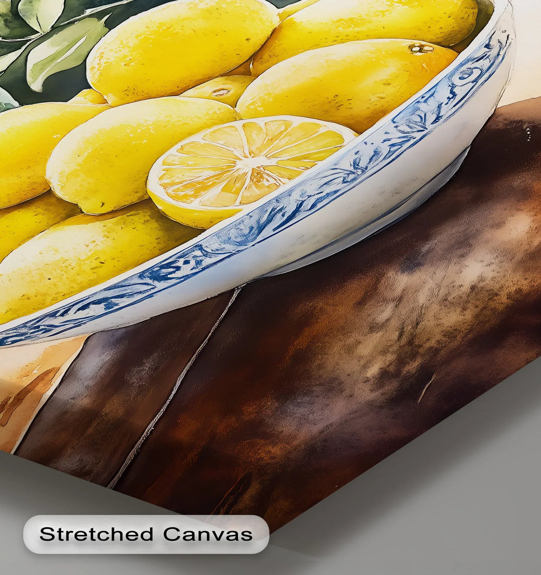 Sunlit Lemons in Porcelain Bowl – Mediterranean Kitchen Canvas Print - MyPhotoStation