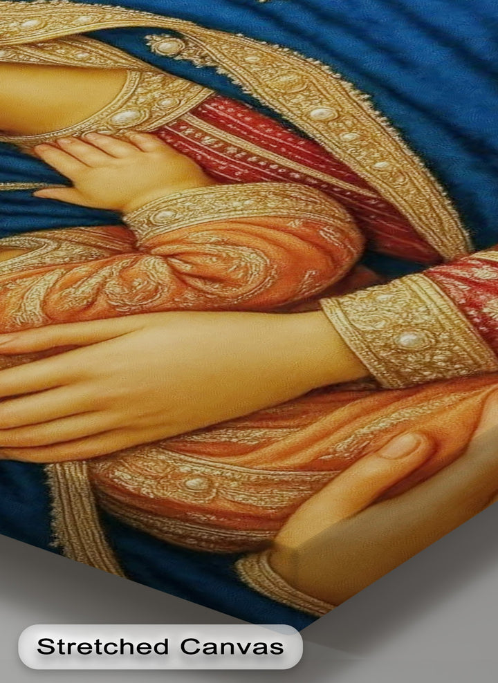 The harmonious transition between regal blue, deep crimson, and warm ochre, adorned with gold, makes this Madonna and Child canvas wall art visually striking.