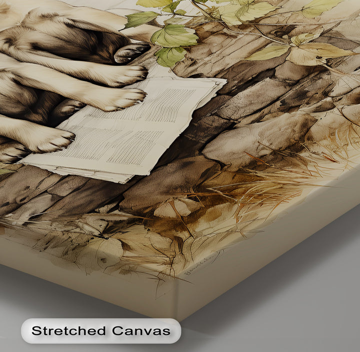 Stone Wall Puppies – Vintage Nature Scene Puppies Canvas Print