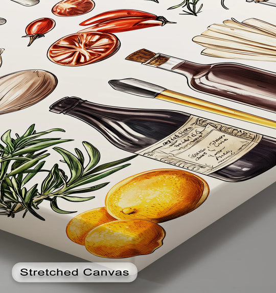 Visual rhythm is created in this hanging canvas through the strategic placement of illustrated kitchen essentials, with repeating shapes of lemons and bottles.