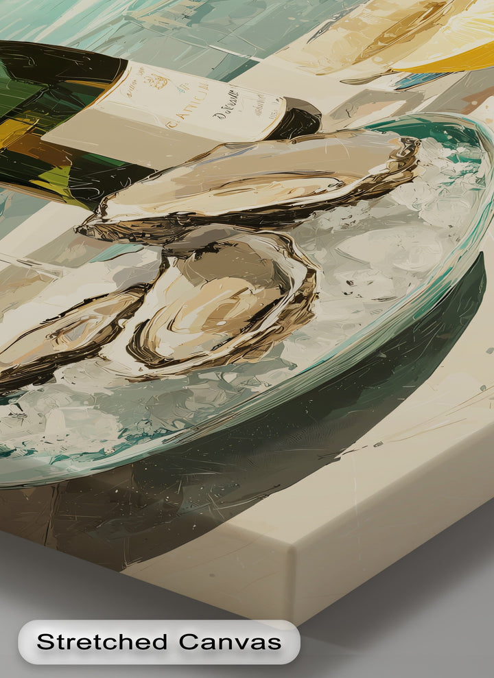 Canvas wall art showcases the glossy texture of oysters and the subtle sheen of a champagne bottle.