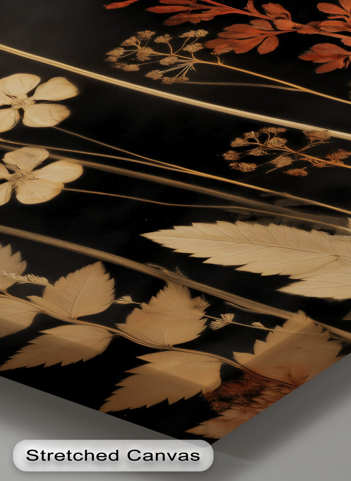 Subtle, golden shadows highlight the botanical silhouettes on this dark floral nature hanging canvas print, creating an elegant and soft wall art piece.