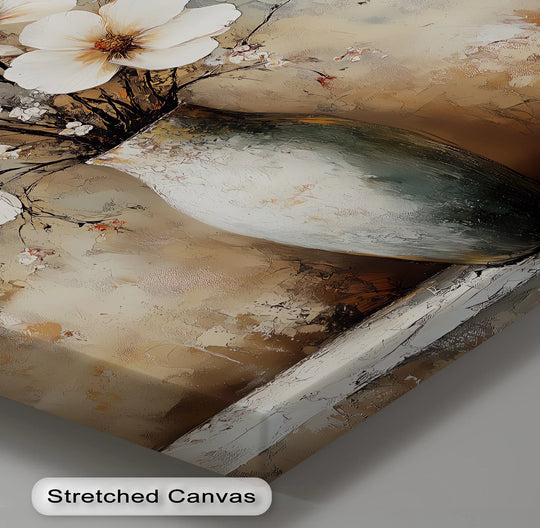 Subtle gradations of light and shadow define the texture of this hanging canvas featuring a vintage bloom still life of white flowers in a vase.