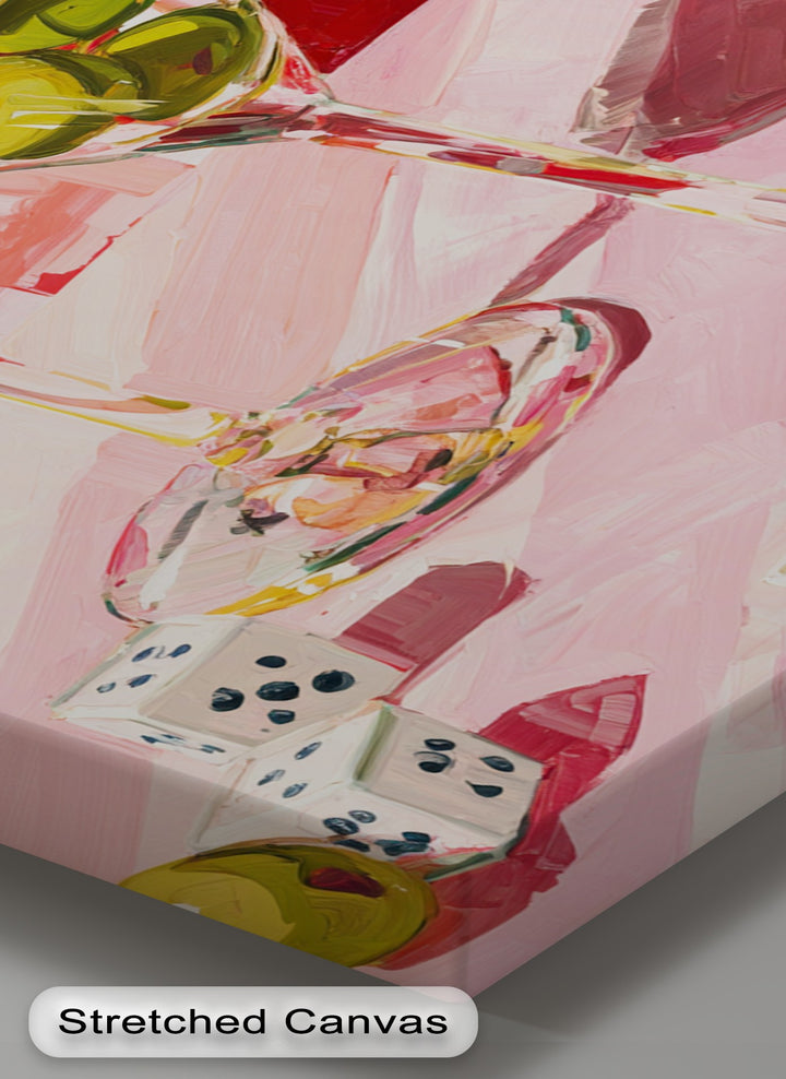 Edges reveal a stretched canvas border displaying a pink martini cocktail canvas print, showcasing a unique canvas print with modern bar art details.