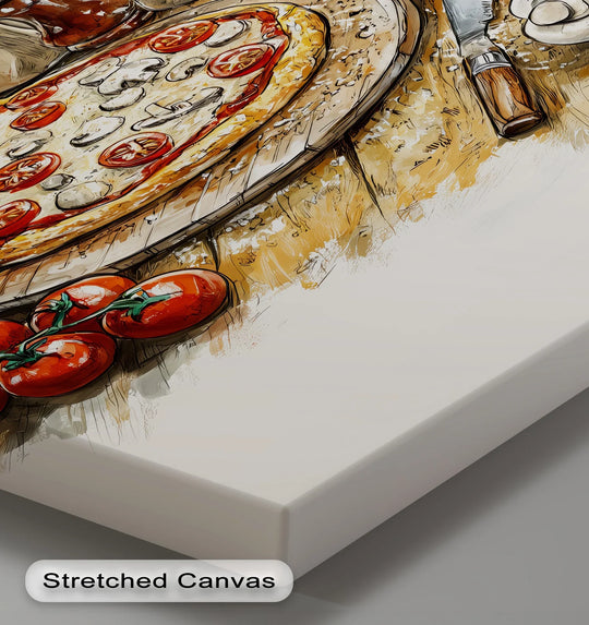 Swirling colors and dynamic sketching give this fresh from the oven pizza kitchen canvas print the sense of motion, adding energy to your canvas wall decor.