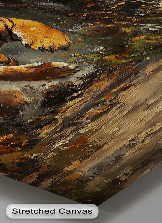 Warm color temperature highlights the tiger and adds depth to this wildlife canvas wall decor print depicting a predator in pursuit.
